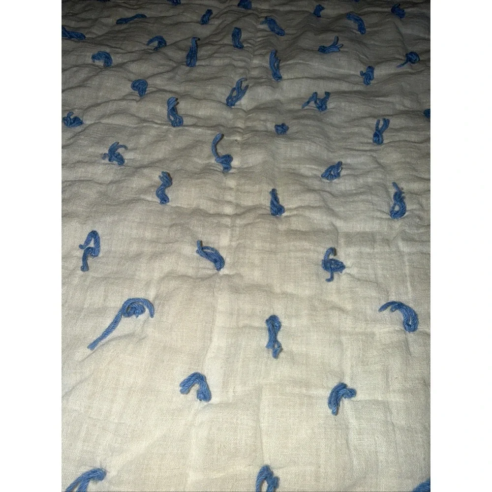Vintage Cream W Blue Ties Quilt Blanket 68X65 In Significant Stain Areas Hole